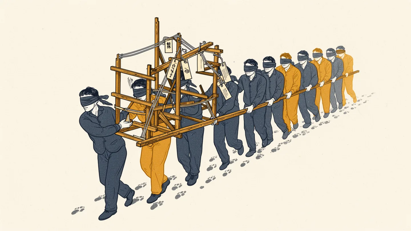 Blindfolded figures pass a wooden scaffold down a corridor, guided by its rails while their footprints fade behind them
