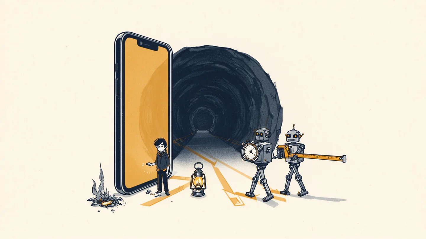 A figure waits at a phone-shaped doorway to a dark tunnel while two robots measure where the tunnel should end