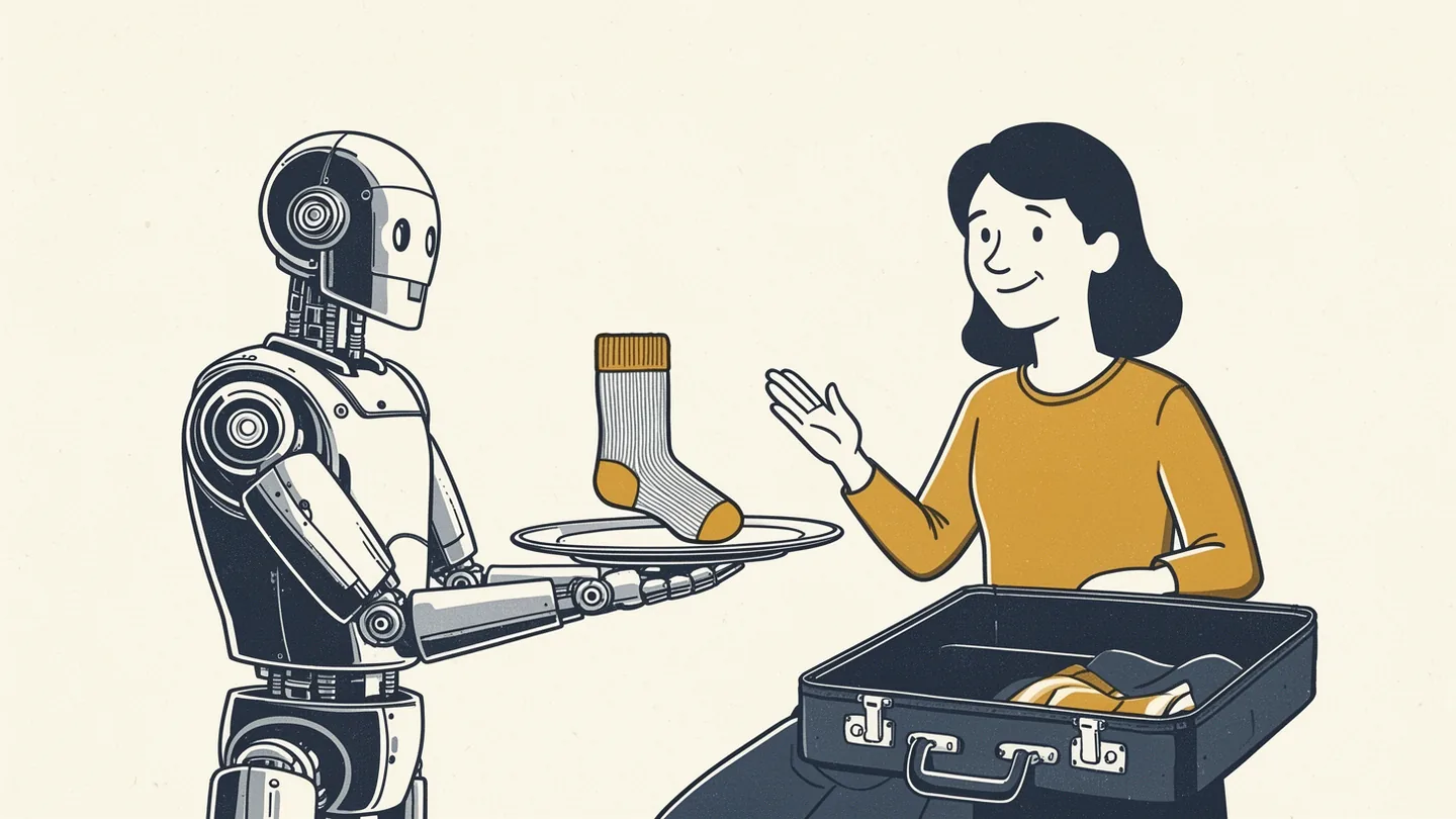 A robot butler offers a single sock on a silver tray to a person standing by an empty suitcase