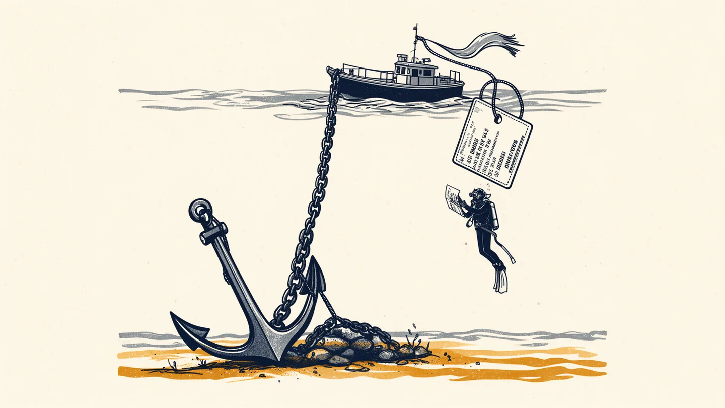 A diver studies a luggage label tied to a boat while the anchor below holds it in place