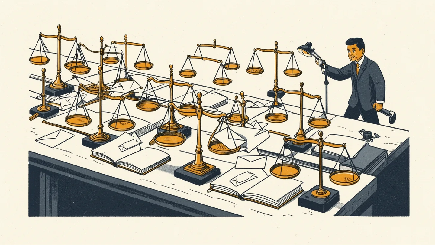 Rows of brass scales weigh sealed envelopes against open notebooks while an inspector with a lamp walks past