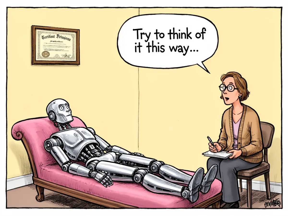 Cartoon of a robot lying on a therapist's couch while a human therapist with a notepad says "Try to think of it this way..."