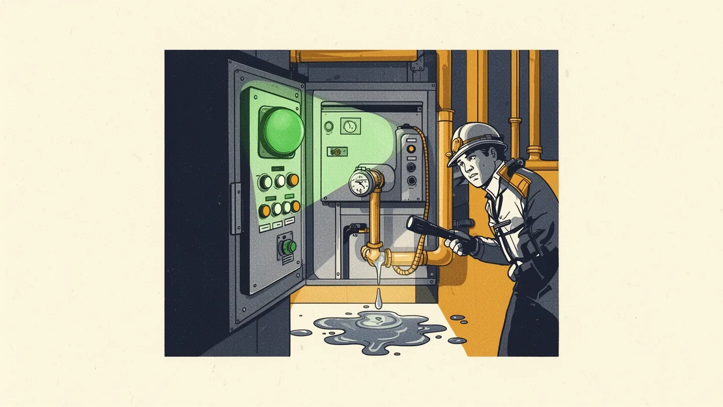 An all-clear lamp glows on a control panel while an inspector finds a pipe dripping behind it